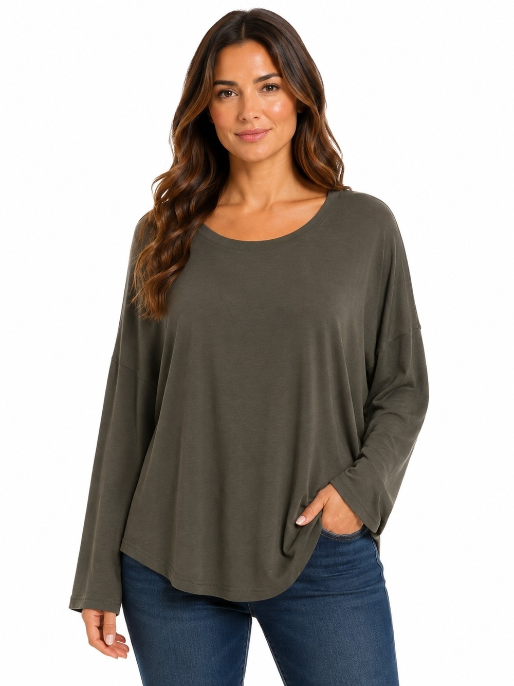 Everyday Relaxed Scoop Neck Long-Sleeve Top — Olive
